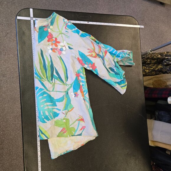 Sharon Young Linen Tropical‎ Floral Print Womens Tunic Button Back L - Picture 8 of 9